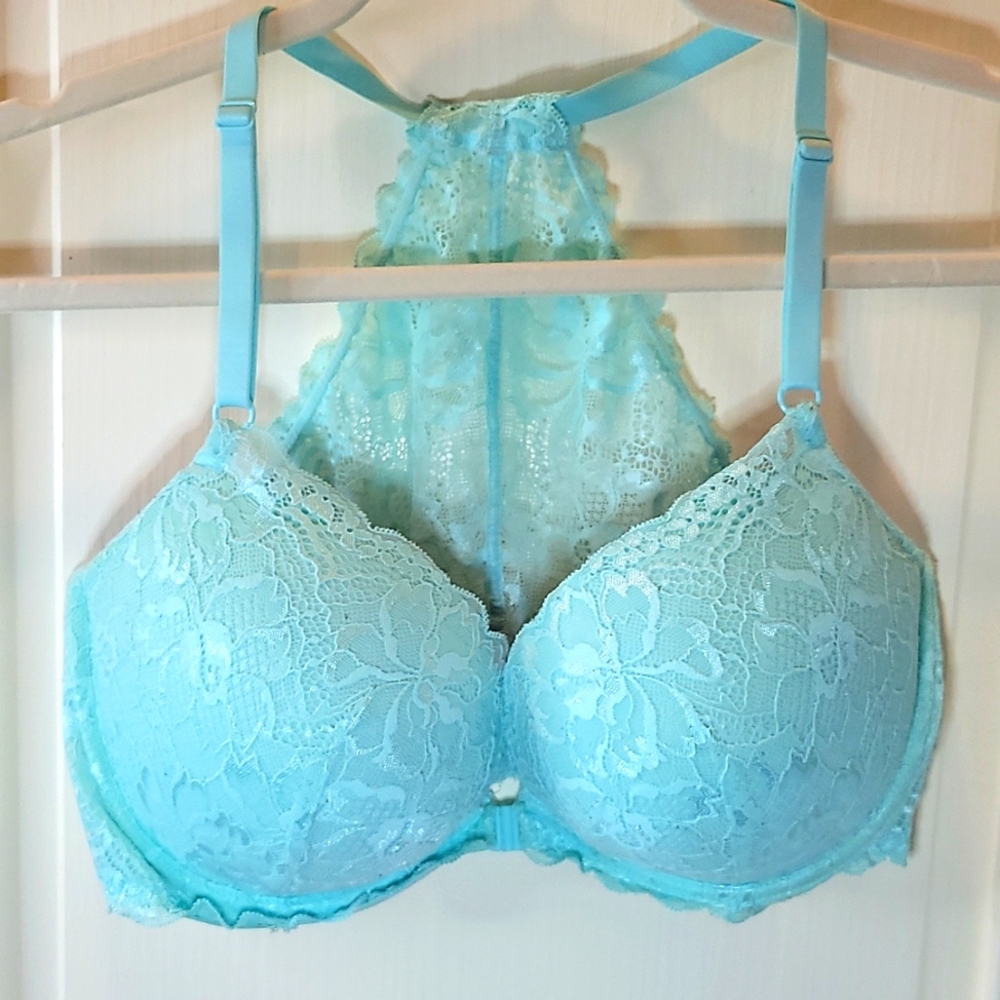 (2 for 25) Pink by Victoria's Secret front close racerback bra, light blue